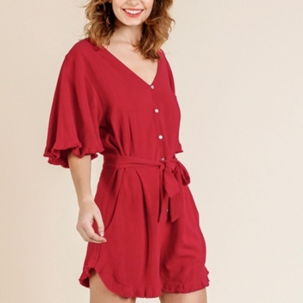 Red linen romper